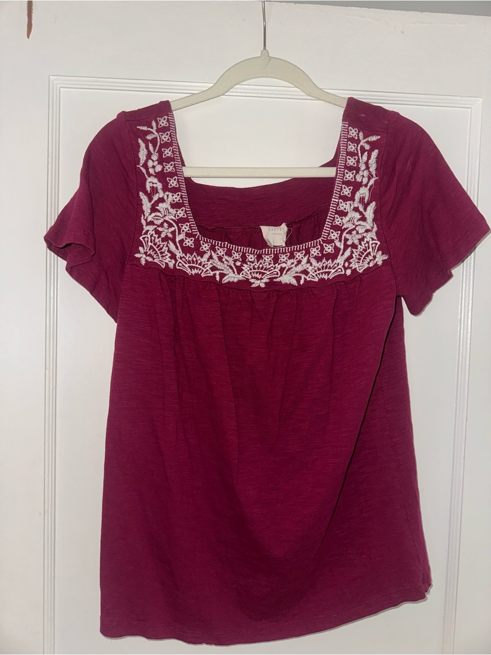 Embroidered Square-Neck Short Sleeve Top in Berry